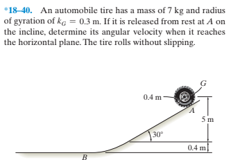 *18-40. An automobile tire has a mass of 7 kg and radius
of gyration of kg = 0.3 m. If it is released from rest at A on
the incline, determine its angular velocity when it reaches
the horizontal plane. The tire rolls without slipping.
0.4 m-
30°
0.4 m
