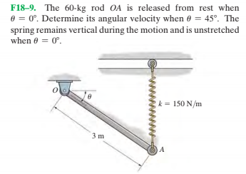 F18-9. The 60-kg rod OA is released from rest when
e = 0°. Determine its angular velocity when e = 45°. The
spring remains vertical during the motion and is unstretched
when e = 0°.
k = 150 N/m
3.
