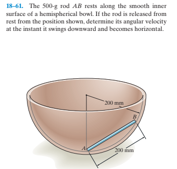18-61. The 500-g rod AB rests along the smooth inner
surface of a hemispherical bowl. If the rod is released from
rest from the position shown, determine its angular velocity
at the instant it swings downward and becomes horizontal.
200 mm
в
200 mm

