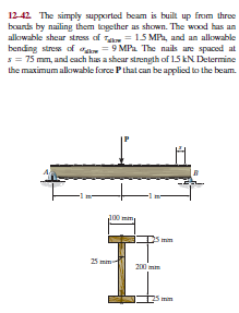 12-42 The simply supported beam is built up from three
boards by nailing them together as shown. The wood has an
alkıwable shear stress of Ta = 15 MP, and an allowable
bending stress of a= 9 MPa The nails are spaced at
s= 75 mm, and cach has a shear strength of 15 kN Determine
the maximum alkowable force Pthat can be applied to the beam.
100 mim
25 mm
25 mm-
200 mm
mim
