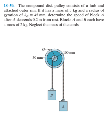 18-50. The compound disk pulley consists of a hub and
attached outer rim. If it has a mass of 3 kg and a radius of
gyration of ke = 45 mm, determine the speed of block A
after A descends 0.2 m from rest. Blocks A and B each have
a mass of 2 kg. Neglect the mass of the cords.
100 mm
30 mm
