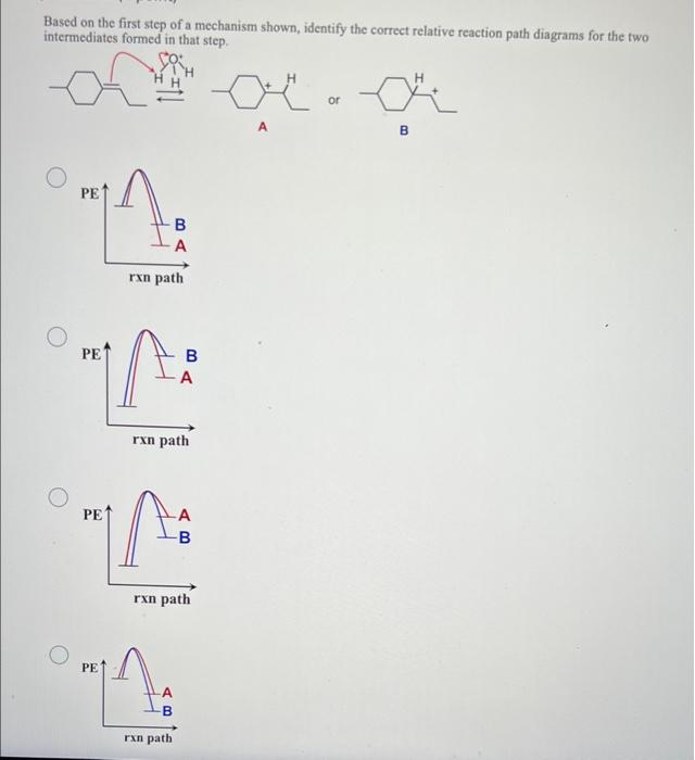 Based on the first step of a mechanism shown, identify the correct relative reaction path diagrams for the two
intermediates formed in that step.
or
A
B
PE
B
A
rxn path
14:
N
PE
B
A
rxn path
PE
1
PE
AB
А
rxn path
A
B
rxn path