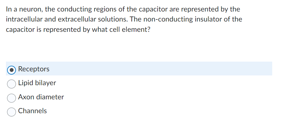 In a neuron, the conducting regions of the capacitor are represented by the
intracellular and extracellular solutions. The non-conducting insulator of the
capacitor is represented by what cell element?
Receptors
Lipid bilayer
Axon diameter
Channels