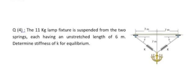 Q (4): The 11 Kg lamp fixture is suspended from the two
7m
springs, each having an unstretched length of 6 m.
Determine stiffness of k for equilibrium.

