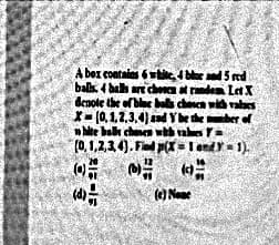 A boz contains 6 white, 4 Mar ad 5 red
balk. 4 bal are chonea rdem Let X
denole the of blue bul chesch widh vales
X= (0,1,2,3,4) and Ye theber of
m Nibe bale chanen wh ales r-
(0, 1,2,34). Fiad p(X= I endy - 1).
() Ne
