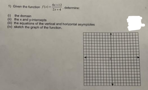 1) Given the function f(x)--
4x-12
2x+4
determine:
(i) the domain
(ii) the x and y-intercepts
(iii) the equations of the vertical and horizontal asymptotes
(iv) sketch the graph of the function.