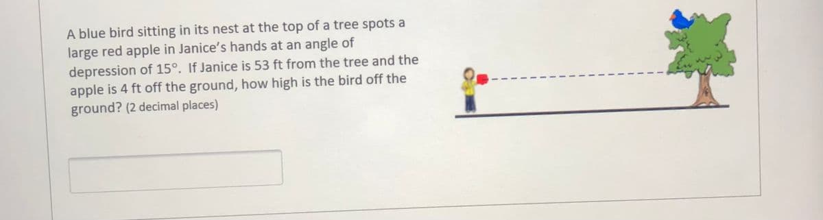 A blue bird sitting in its nest at the top of a tree spots a
large red apple in Janice's hands at an angle of
depression of 15°. If Janice is 53 ft from the tree and the
apple is 4 ft off the ground, how high is the bird off the
ground? (2 decimal places)
