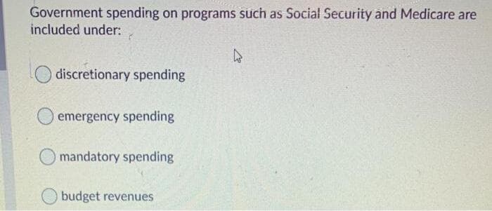 Government spending on programs such as Social Security and Medicare are
included under:
discretionary spending
emergency spending
mandatory spending
budget revenues
