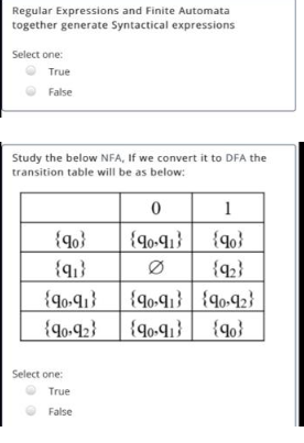 Regular Expressions and Finite Automata
together generate Syntactical expressions
Select one:
True
False
Study the below NFA, If we convert it to DFA the
transition table will be as below:
{90}
{9₁}
{90-91}
{90-92}
Select one:
True
False
0
{90-91}
{90-91
{90-91}
1
{90}
{92}
90-92)
{90}