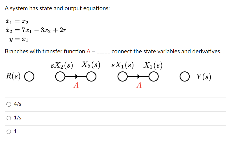 A system has state and output equations:
ல்1
*1 = x2
*2 = 7x13x₂ + 2r
y = x1
Branches with transfer function A =
R(s) O
4/s
1/s
1
sX₂ (s) X₂ (s)
O
A
connect the state variables and derivatives.
SX₁(s) X₁ (s)
Oo
A
OY(s)