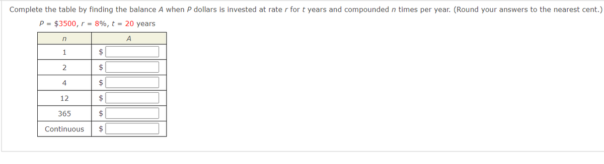 Complete the table by finding the balance A when P dollars is invested at rate r for t years and compounded n times per year. (Round your answers to the nearest cent.)
P = $3500, r = 8%, t = 20 years
in
A
1
$
2
$
4
$
12
$
365
$
Continuous
