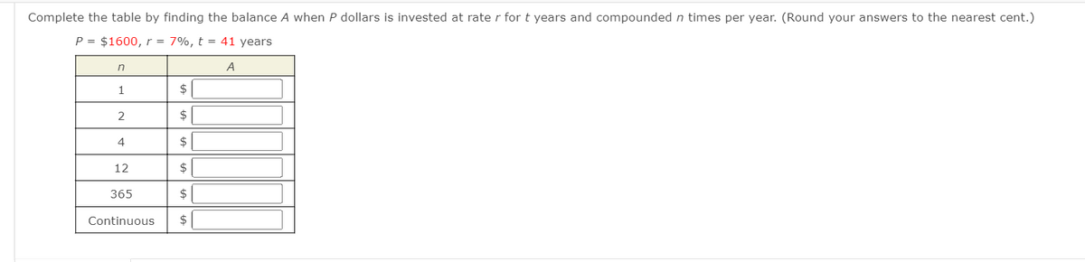 Complete the table by finding the balance A when P dollars is invested at rate r for t years and compounded n times per year. (Round your answers to the nearest cent.)
P = $1600, r = 7%, t = 41 years
A
1
2$
2
2$
4
$
12
$
365
2$
Continuous
$
