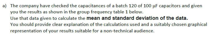 a) The company have checked the capacitances of a batch 120 of 100 µF capacitors and given
you the results as shown in the group frequency table 1 below.
Use that data given to calculate the mean and standard deviation of the data.
You should provide clear explanation of the calculations used and a suitably chosen graphical
representation of your results suitable for a non-technical audience.
