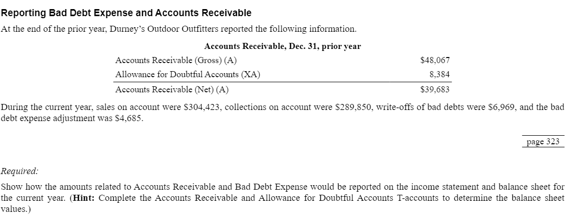 Reporting Bad Debt Expense and Accounts Receivable
At the end of the prior year, Durney's Outdoor Outfitters reported the following information.
Accounts Receivable, Dec. 31, prior year
Accounts Receivable (Gross) (A)
$48,067
8.384
Allowance for Doubtful Accounts (XA)
Accounts Receivable (Net) (A)
$39.683
During the current year, sales on account were $304,423, collections on account were $289,850, write-offs of bad debts were $6,969, and the bad
debt expense adjustment was $4,685.
page 323
Required:
Show how the amounts related to Accounts Receivable and Bad Debt Expense would be reported on the income statement and balance sheet for
the current year. (Hint: Complete the Accounts Receivable and Allowance for Doubtful Accounts T-accounts to determine the balance sheet
values.)