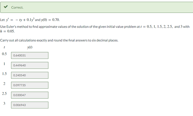 Let y'
ty + 0.1y³ and y(0) = 0.70.
Use Euler's method to find approximate values of the solution of the given initial value problem at t = 0.5, 1, 1.5, 2, 2.5, and 3 with
h = 0.05.
Carry out all calculations exactly and round the final answers to six decimal places.
1
y(t)
0.5
1
1.5
2
Correct.
2.5
3
0.640031
0.449640
0.240540
0.097735
0.030047
0.006943