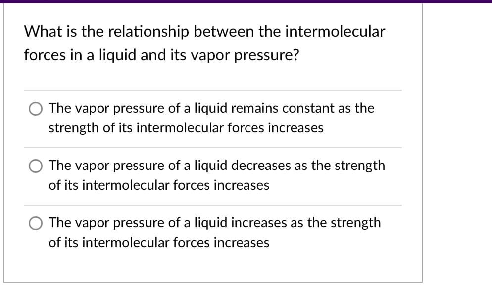 What is the relationship between the intermolecular
forces in a liquid and its vapor pressure?
The vapor pressure of a liquid remains constant as the
strength of its intermolecular forces increases
The vapor pressure of a liquid decreases as the strength
of its intermolecular forces increases
The vapor pressure of a liquid increases as the strength
of its intermolecular forces increases
