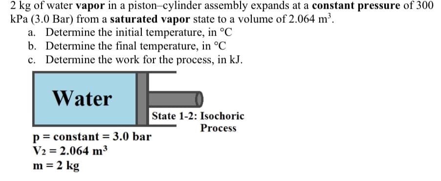2 kg of water vapor in a piston-cylinder assembly expands at a constant pressure of 300
kPa (3.0 Bar) from a saturated vapor state to a volume of 2.064 m³.
a. Determine the initial temperature, in °C
b. Determine the final temperature, in °C
C. Determine the work for the process, in kJ.
Water
p= constant = 3.0 bar
V22.064 m³
m = 2 kg
State 1-2: Isochoric
Process