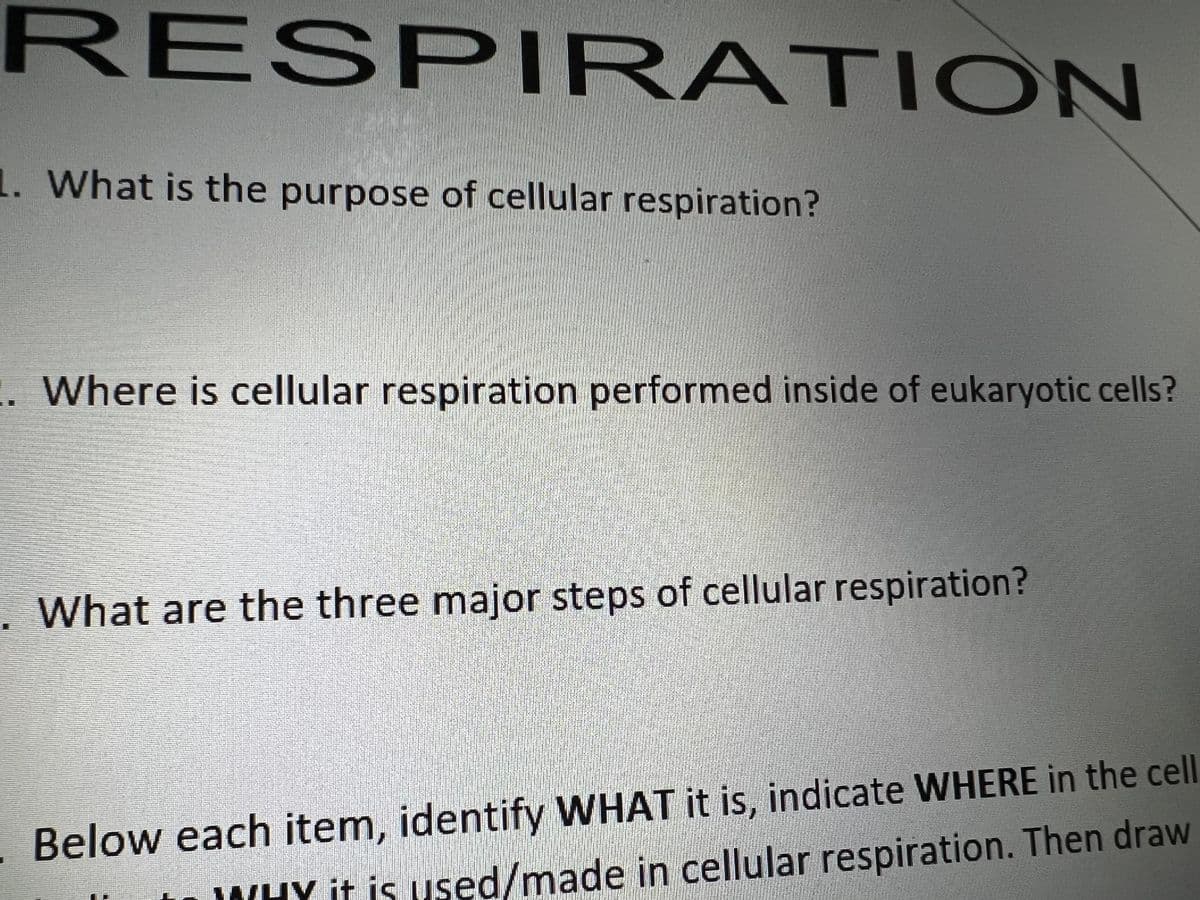 RESPIRATION
1. What is the purpose of cellular respiration?
. Where is cellular respiration performed inside of eukaryotic cells?
. What are the three major steps of cellular respiration?
Below each item, identify WHAT it is, indicate WHERE in the cell
WHY it is used/made in cellular respiration. Then draw