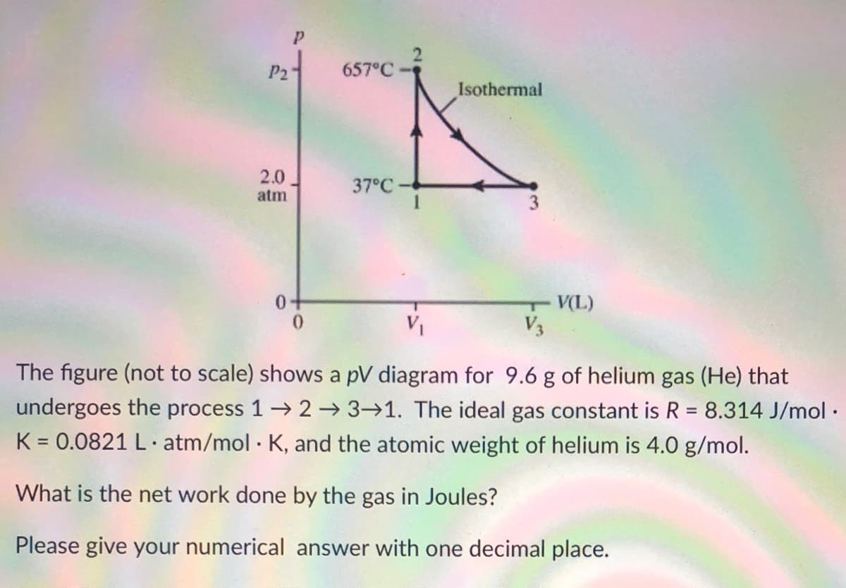 P2
657°C
Isothermal
2.0
atm
37°C
0+
V(L)
V3
The figure (not to scale) shows a pV diagram for 9.6 g of helium gas (He) that
undergoes the process 1→ 2 → 3→1. The ideal gas constant is R = 8.314 J/mol .
K = 0.0821 L· atm/mol · K, and the atomic weight of helium is 4.0 g/mol.
%3D
What is the net work done by the gas in Joules?
Please give your numerical answer with one decimal place.
