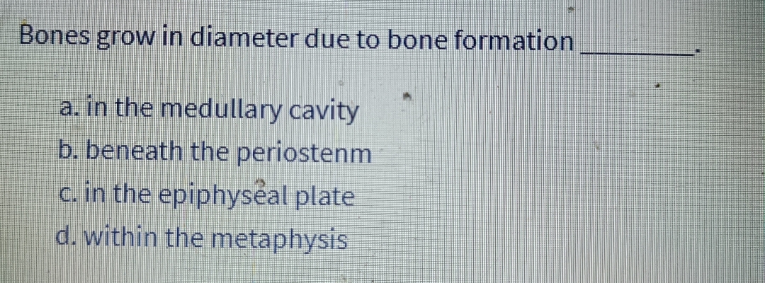 Bones grow in diameter due to bone formation
a. in the medullary cavity
b. beneath the periostenm
c. in the epiphyseal plate
d. within the metaphysis