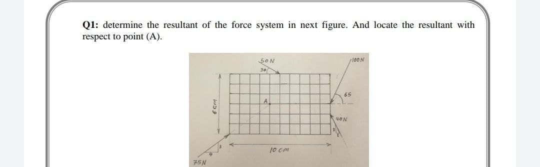 Q1: determine the resultant of the force system in next figure. And locate the resultant with
respect to point (A).
SON
100N
65
40N
10 cm
75N
