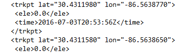 <trkpt lat="30.4311980" lon="-86.5638770">
<ele>0.0</ele>
<time>2016-07-03T20:53:56Z</time>
</trkpt>
<trkpt lat="30.4311580" lon="-86.5638650">
<ele>0.0</ele>
