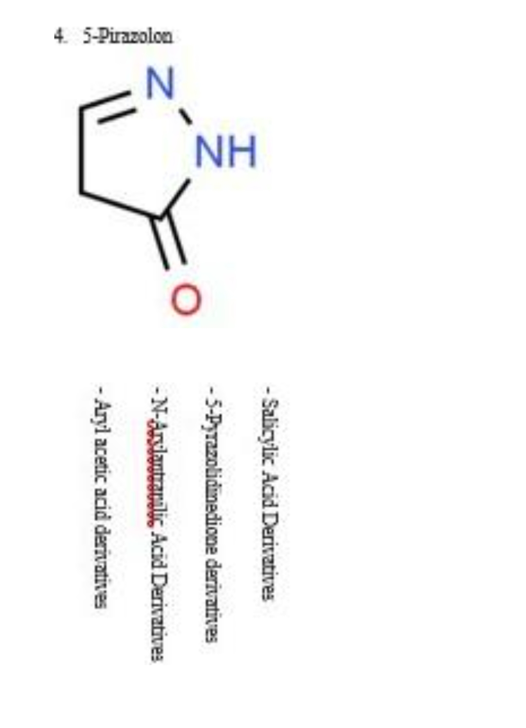 4. 5-Pirazolon
NH
- Salicylic Acid Derivatives
- 5-Pyrazolidinedione derivatives
-N-aslautravilic Acid Derivatives
- Aryl acetic acid derivatives
