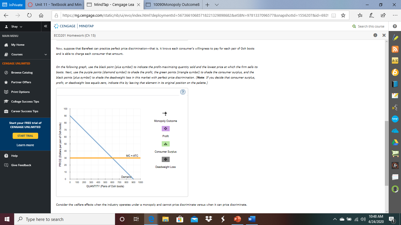 S InPrivate
O Unit 11 - Textbook and Min
MindTap - Cengage Lea X O 10090Monopoly Outcome8
->
A https://ng.cengage.com/static/nb/ui/evo/index.html?deploymentld=56736610685718221329898682&elSBN=9781337096577&snapshotld=1556207&id3692! O *
...
2 Shay v
CENGAGE MINDTAP
Q Search this course
MAIN MENU
ECO201 Homework (Ch 15)
* My Home
Now, suppose that Barefeet can practice perfect price discrimination-that is, it knows each consumer's willingness to pay for each pair of Ooh boots
Courses
and is able to charge each consumer that amount.
A-Z
CENGAGE UNLIMITED
On the following graph, use the black point (plus symbol) to indicate the profit-maximizing quantity sold and the lowest price at which the firm sells its
O Browse Catalog
boots. Next, use the purple points (diamond symbol) to shade the profit, the green points (triangle symbol) to shade the consumer surplus, and the
black points (plus symbol) to shade the deadweight loss in this market with perfect price discrimination. (Note: If you decide that consumer surplus,
* Partner Offers
profit, or deadweight loss equals zero, indicate this by leaving that element in its original position on the palette.)
EE Print Options
- College Success Tips
100
* Career Success Tips
90
Eeng
Monopoly Outcome
Start your FREE trial of
80
CENGAGE UNLIMITED
70
START TRIAL
Profit
60
50
Learn more
40
Consumer Surplus
2 Help
MC = ATC
30
Q Give Feedback
20
Deadweight Loss
10
Demand
100
200
300 400
500
600 700 800 900 1000
QUANTITY (Pairs of Ooh boots)
Consider the welfare effects when the industry operates under a monopoly and cannot price discriminate versus when it can price discriminate.
10:48 AM
P Type here to search
4/24/2020
PRICE (Dollars per pair of Ooh boots)
