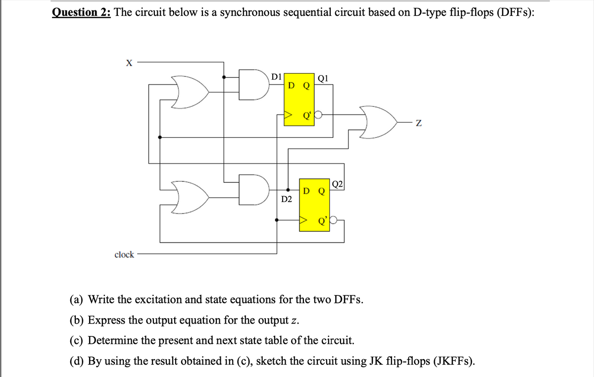 Question 2: The circuit below is a synchronous sequential circuit based on D-type flip-flops (DFFs):
X
clock
D1
DQ
D2
Q1
Q2
N
(a) Write the excitation and state equations for the two DFFs.
(b) Express the output equation for the output z.
(c) Determine the present and next state table of the circuit.
(d) By using the result obtained in (c), sketch the circuit using JK flip-flops (JKFFs).