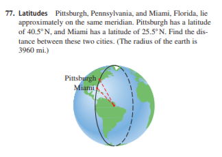 77. Latitudes Pittsburgh, Pennsylvania, and Miami, Florida, lie
approximately on the same meridian. Pittsburgh has a latitude
of 40.5° N, and Miami has a latitude of 25.5° N. Find the dis-
tance between these two cities. (The radius of the carth is
3960 mi.)
Pittsburgh
Miami
