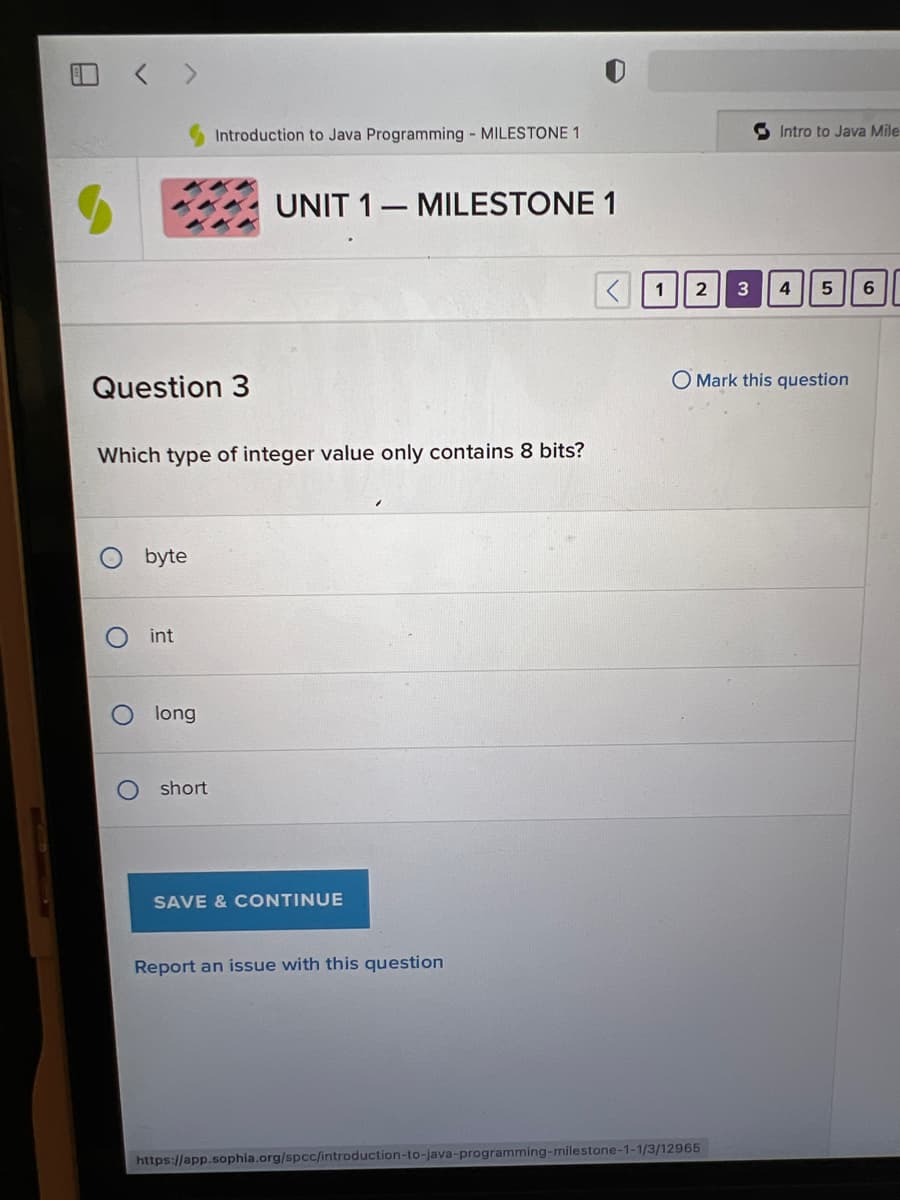 Question 3
O
O
Which type of integer value only contains 8 bits?
byte
int
Introduction to Java Programming - MILESTONE 1
long
short
UNIT 1 MILESTONE 1
—
SAVE & CONTINUE
Report an issue with this question
Intro to Java Mile
2 3 4 5 6
O Mark this question
https://app.sophia.org/spcc/introduction-to-java-programming-milestone-1-1/3/12965