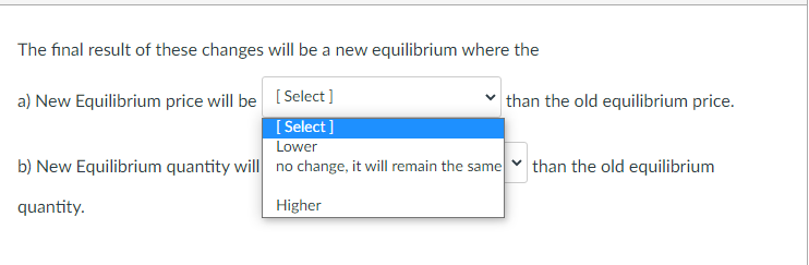 The final result of these changes will be a new equilibrium where the
a) New Equilibrium price will be
[ Select ]
than the old equilibrium price.
[ Select]
Lower
b) New Equilibrium quantity will no change, it will remain the same
than the old equilibrium
quantity.
Higher
