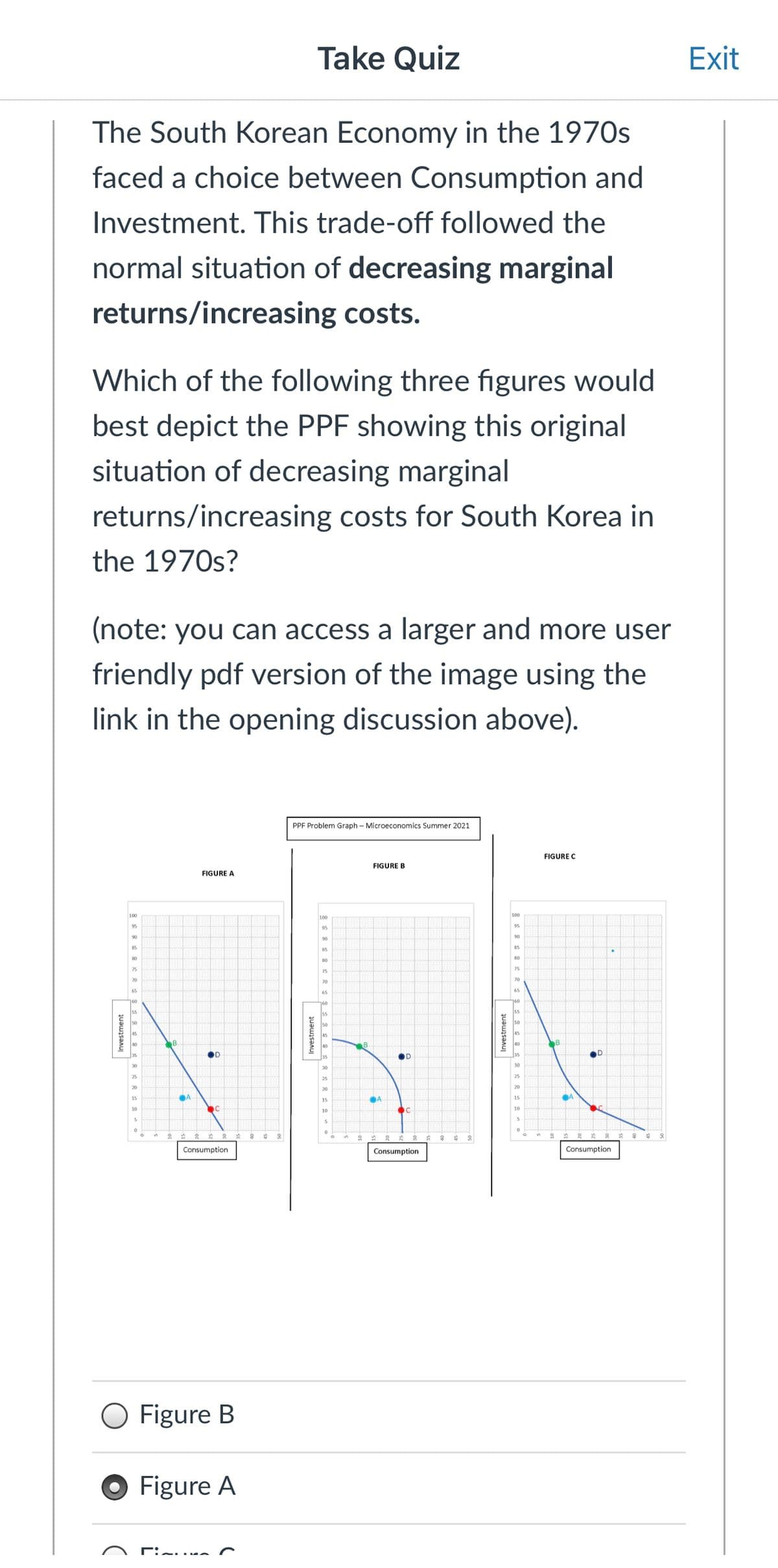 Take Quiz
Exit
The South Korean Economy in the 1970s
faced a choice between Consumption and
Investment. This trade-off followed the
normal situation of decreasing marginal
returns/increasing costs.
Which of the following three figures would
best depict the PPF showing this original
situation of decreasing marginal
returns/increasing costs for South Korea in
the 1970s?
(note: you can access a larger and more user
friendly pdf version of the image using the
link in the opening discussion above).
PPF Problem Graph – Microeconomics Summer 2021
FIGURE C
FIGURE B
FIGURE A
100
100
95
95
90
90
90
85
85
80
80
75
75
75
70
OD
25
20
20
15
A
15
15
10
10
5.
Consumption
Consumption
Consumption
O Figure B
Figure A
Investment
Investment
Investment

