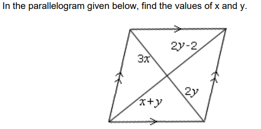 In the parallelogram given below, find the values of x and y.
2y-2
3x
2y
x+y
