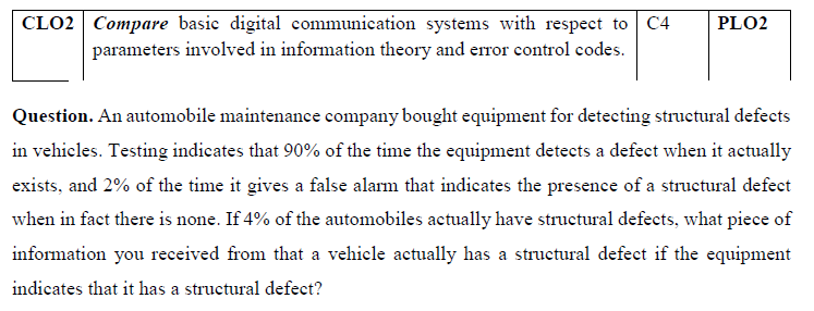 CLO2 Compare basic digital communication systems with respect to
parameters involved in information theory and error control codes.
С4
PLO2
Question. An automobile maintenance company bought equipment for detecting structural defects
in vehicles. Testing indicates that 90% of the time the equipment detects a defect when it actually
exists, and 2% of the time it gives a false alarm that indicates the presence of a structural defect
when in fact there is none. If 4% of the automobiles actually have structural defects, what piece of
information you received from that a vehicle actually has a structural defect if the equipment
indicates that it has a structural defect?
