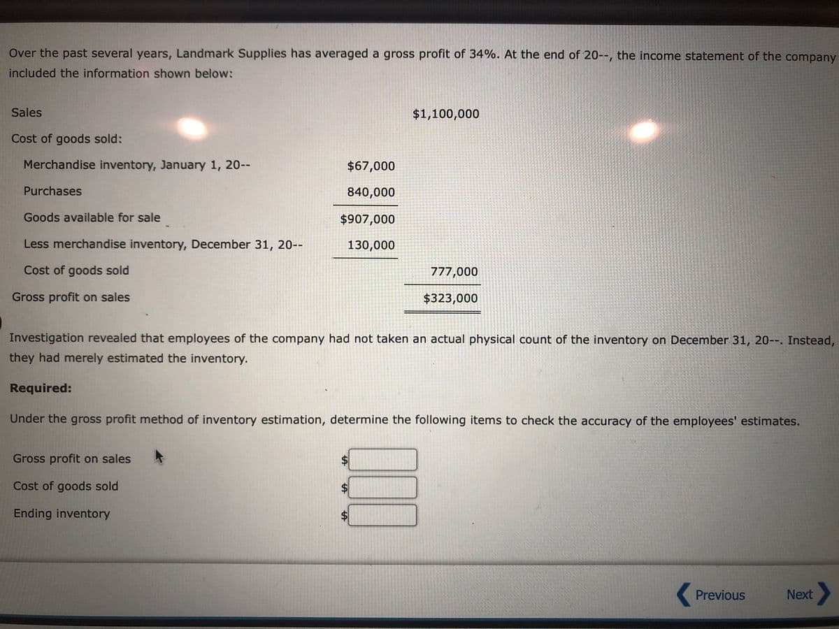 Over the past several years, Landmark Supplies has averaged a gross profit of 34%. At the end of 20--, the income statement of the company
included the information shown below:
Sales
$1,100,000
Cost of goods sold:
Merchandise inventory, January 1, 20--
$67,000
Purchases
840,000
Goods available for sale
$907,000
Less merchandise inventory, December 31, 20--
130,000
Cost of goods sold
777,000
Gross profit on sales
$323,000
Investigation revealed that employees of the company had not taken an actual physical count of the inventory on December 31, 20--. Instead,
they had merely estimated the inventory.
Required:
Under the gross profit method of inventory estimation, determine the following items to check the accuracy of the employees' estimates.
Gross profit on sales
Cost of goods sold
Ending inventory
Previous
Next
%24
%24
%24
