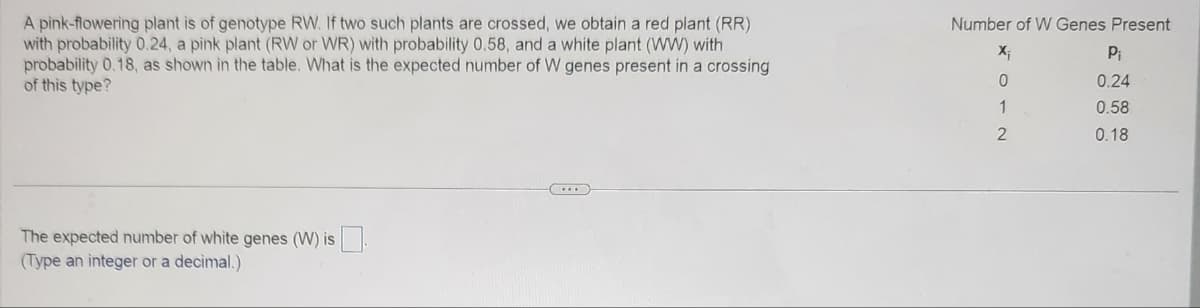 A pink-flowering plant is of genotype RW. If two such plants are crossed, we obtain a red plant (RR)
with probability 0.24, a pink plant (RW or WR) with probability 0.58, and a white plant (WW) with
probability 0.18, as shown in the table. What is the expected number of W genes present in a crossing
of this type?
The expected number of white genes (W) is.
(Type an integer or a decimal.)
Number of W Genes Present
X₁
0
1
2
P₁
0.24
0.58
0.18