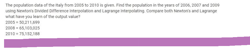 The population data of the Italy from 2005 to 2010 is given. Find the population in the years of 2006, 2007 and 2009
using Newton's Divided Difference Interpolation and Lagrange Interpolating. Compare both Newton's and Lagrange
what have you learn of the output value?
2005 = 50,211,699
2008 = 65,103,025
2010 = 75,152,188