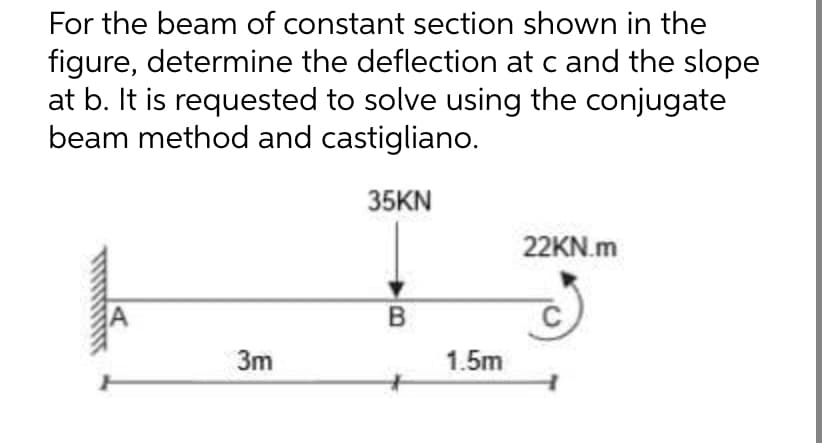 For the beam of constant section shown in the
figure, determine the deflection at c and the slope
at b. It is requested to solve using the conjugate
beam method and castigliano.
35KN
3m
B
1.5m
22KN.m