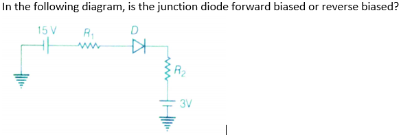 In the following diagram, is the junction diode forward biased or reverse biased?
15 V
D
R2
3V
