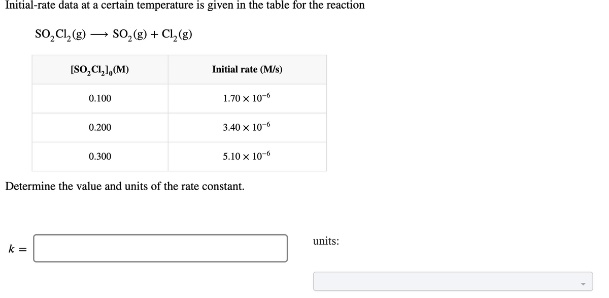 Initial-rate data at a certain temperature is given in the table for the reaction
SO,Cl, (g)
SO,(g) + Cl, (g)
[SO,Cl,],(M)
Initial rate (M/s)
0.100
1.70 x 10-6
0.200
3.40 x 10-6
0.300
5.10 x 10-6
Determine the value and units of the rate constant.
units:
k =
