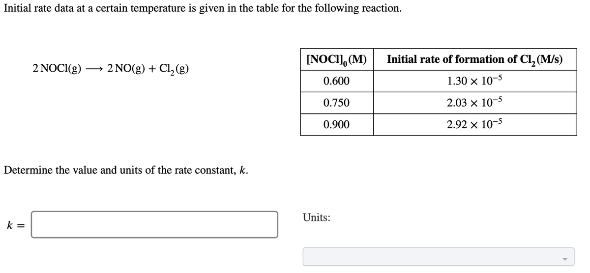 Initial rate data at a certain temperature is given in the table for the following reaction.
[NOCI], (M)
Initial rate of formation of Cl, (M/s)
2 NOCI(g) →
2 NO(g) + Cl, (g)
0.600
1.30 x 10-5
0.750
2.03 x 10-5
0.900
2.92 x 10-5
Determine the value and units of the rate constant, k.
Units:
k :
