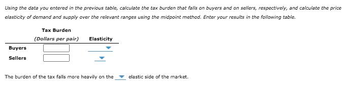 Using the data you entered in the previous table, calculate the tax burden that falls on buyers and on sellers, respectively, and calculate the price
elasticity of demand and supply over the relevant ranges using the midpoint method. Enter your results in the following table.
Tax Burden
(Dollars per pair)
Elasticity
Buyers
Sellers
The burden of the tax falls more heavily on the
elastic side of the market.

