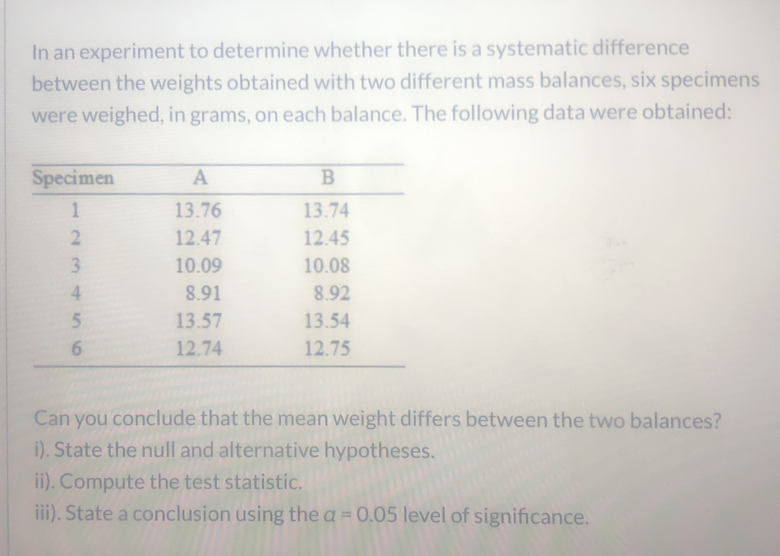 In an experiment to determine whether there is a systematic difference
between the weights obtained with two different mass balances, six specimens
were weighed, in grams, on each balance. The following data were obtained:
Specimen
13.76
13.74
12.47
12.45
10.09
10.08
8.91
8.92
13.57
13.54
12.74
12.75
Can you conclude that the mean weight differs between the two balances?
i). State the null and alternative hypotheses.
ii). Compute the test statistic.
iii). State a conclusion using the a = 0.05 level of significance.
123 456
