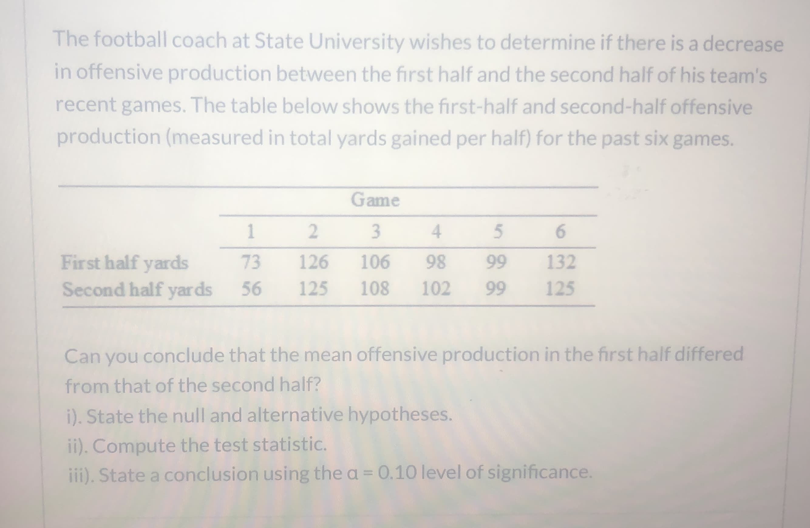 The football coach at State University wishes to determine if there is a decrease
in offensive production between the first half and the second half of his team's
recent games. The table below shows the first-half and second-half offensive
production (measured in total yards gained per half) for the past six games.
Game
1
4
6.
First half yards
Second half yards
73
126
106
98
99
132
56
125
108
102
99
125
Can you conclude that the mean offensive production in the first half differed
from that of the second half?
i). State the null and alternative hypotheses.
ii). Compute the test statistic.
iii). State a conclusion using the a = 0.10 level of significance.
