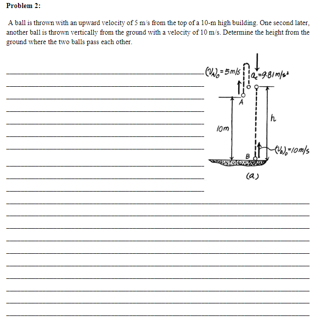 Problem 2:
A ball is thrown with an upward velocity of 5 m/s from the top of a 10-m high building. One second later,
another ball is thrown vertically from the ground with a velocity of 10 m/s. Determine the height from the
ground where the two balls pass each other.
- (V₁)₂ = 5 m/s | a₂²=9.81 m/s²
10m
(a)
h
(1/6)=10m/s