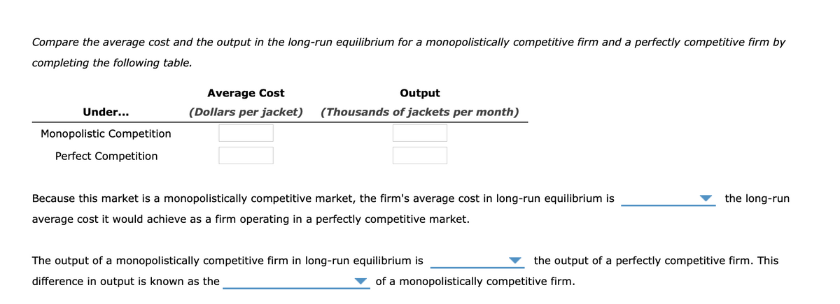 Compare the average cost and the output in the long-run equilibrium for a monopolistically competitive firm and a perfectly competitive firm by
completing the following table.
Average Cost
Output
Under...
(Dollars per jacket)
(Thousands of jackets per month)
Monopolistic Competition
Perfect Competition
Because this market is a monopolistically competitive market, the firm's average cost in long-run equilibrium is
the long-run
average cost it would achieve as a firm operating in a perfectly competitive market.
The output of a monopolistically competitive firm in long-run equilibrium is
the output of a perfectly competitive firm. This
difference in output is known as the
of a monopolistically competitive firm.
