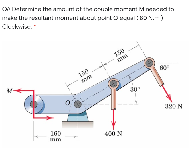 Q// Determine the amount of the couple moment M needed to
make the resultant moment about point O equal ( 80 N.m )
Clockwise. *
