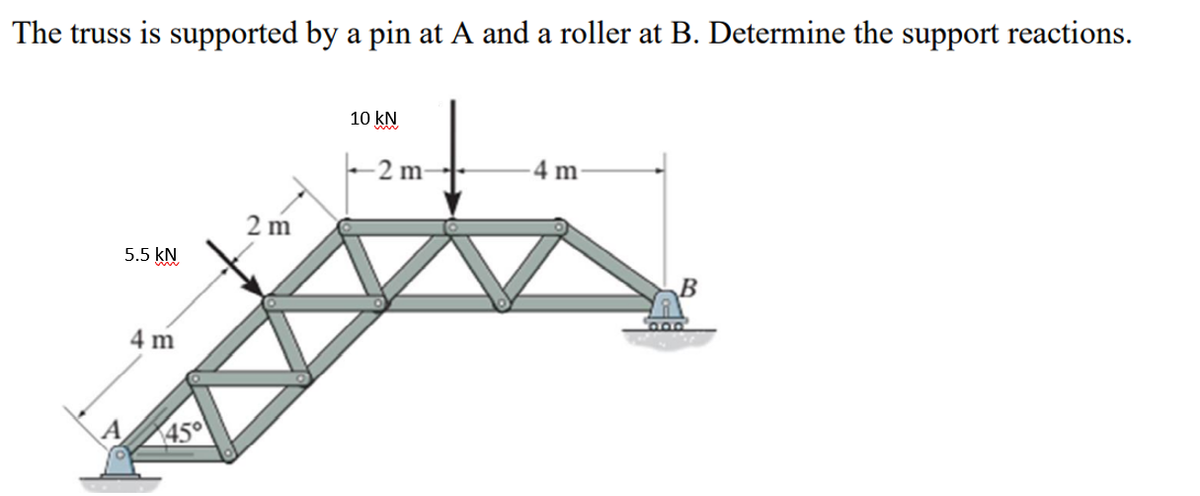 The truss is supported by a pin at A and a roller at B. Determine the support reactions.
10 kN
- 2 m
-4 m
2 m
5.5 kN
4 m
45

