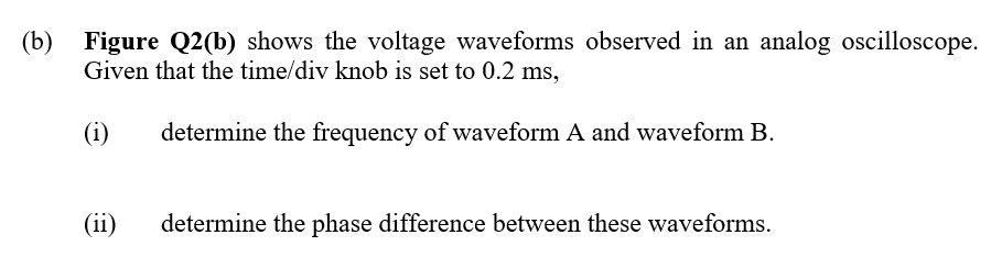 (b)
Figure Q2(b) shows the voltage waveforms observed in an analog oscilloscope.
Given that the time/div knob is set to 0.2 ms,
(i)
determine the frequency of waveform A and waveform B.
(ii)
determine the phase difference between these waveforms.
